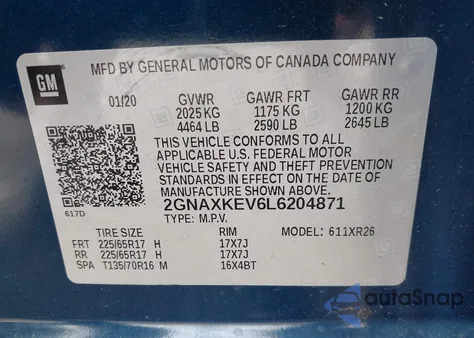 2020 Chevrolet Equinox Fwd Lt 1.5L Turbo из США, поврежденный, VIN 2GNAXKEV6L6204871